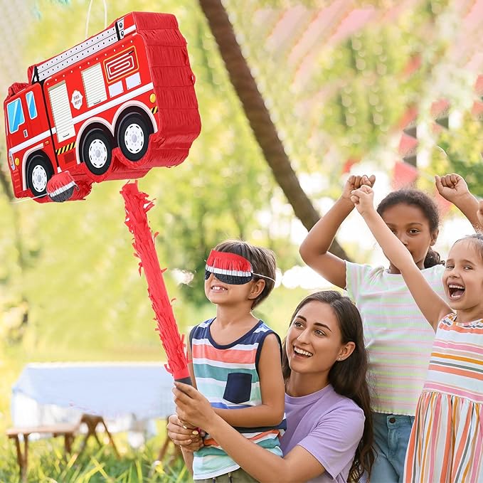 Fire Truck Piñata with Hanging Loop Blindfold Bat and Confetti Filler for Kids Boys Firefighter Firetruck Theme Birthday Party Decorations Supplies, 16.14 x 8.9 x 3.15 Inches