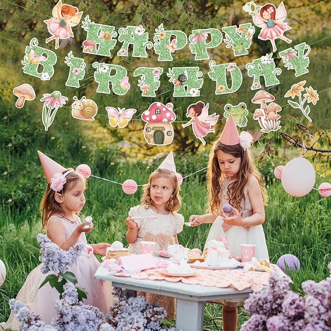 3 Pcs Fairy Birthday Party Decorations Green Glitter Happy Birthday Banner Colorful Hanging Decor Funny Banner Cutout Garland for Themed Decorations Bridal Shower Garden Party Supplies