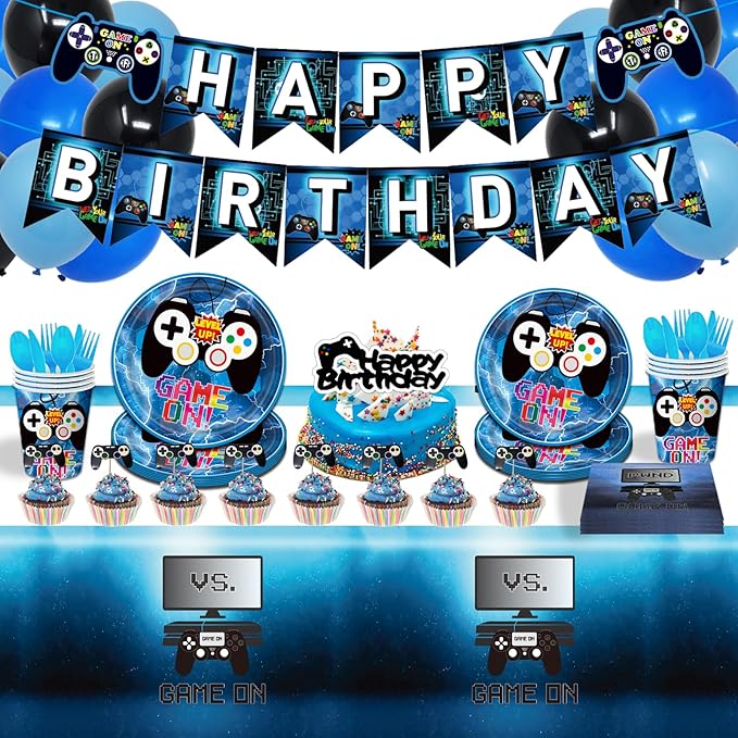 Video Game Party Decorations Game On Birthday Party Supplies Paper Plate, Napkins Cups, Happy Birthday Banner, Cake Toppers, Balloons, Tablecloths for Video Gaming Level Up Party