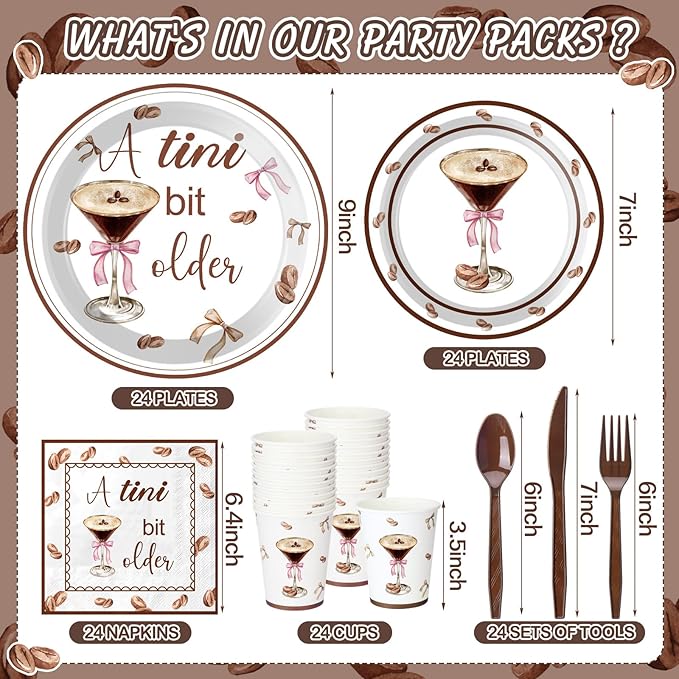 168 Pcs 24 Sets A Tini Bit Older Birthday Decoration, Espresso Martini Paper Plates Napkins and Cups, Espresso Dessert Party Tableware Set, Dinnerware for Party Supplies Wedding