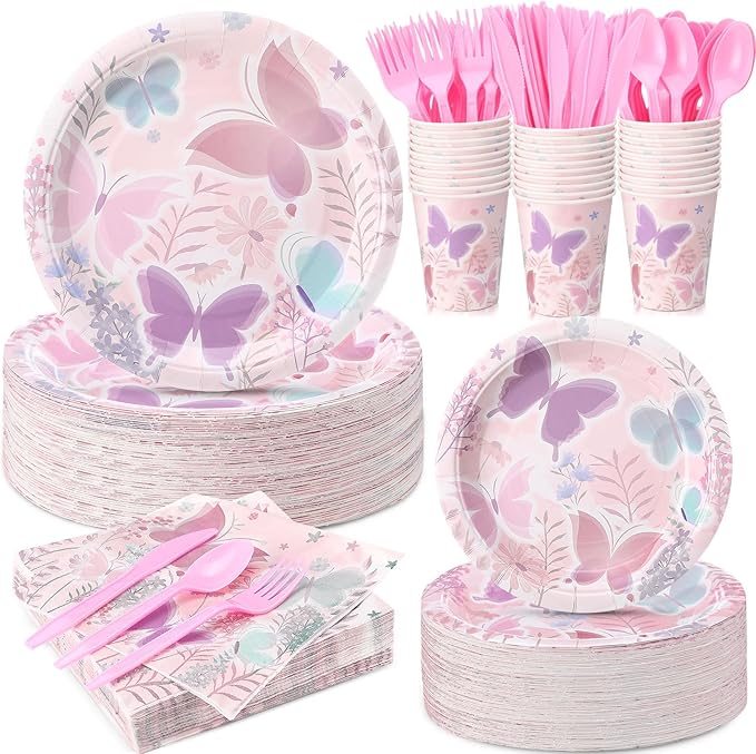 350 Pcs Butterfly Party Supplies Tableware Set Disposable 9'' 7'' Paper Plates 9 oz Cups Cutlery Napkins Dinnerware Set for 1st Birthday, Serve 50 (Butterfly, Purple, Pink)