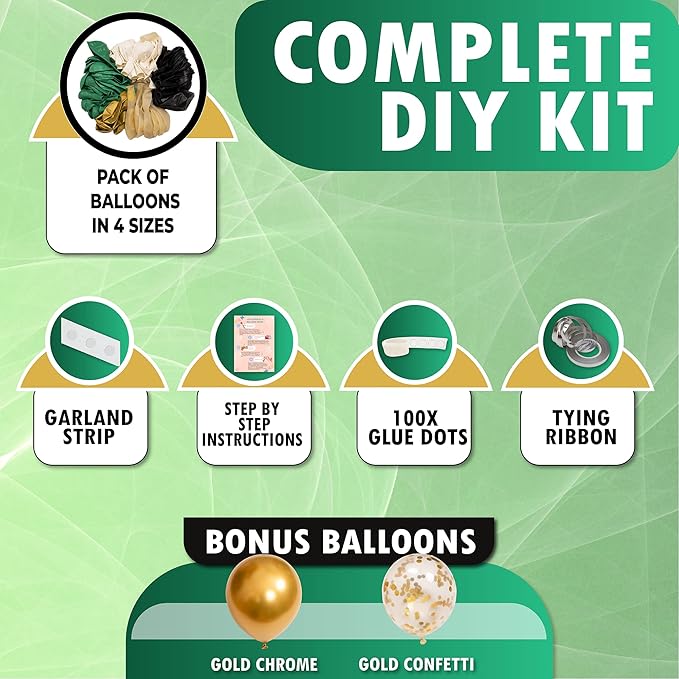 ALL-IN-1 Green Black White Balloons Garland Kit & Arch Small and Large Gold, White, Black Balloons Lime Dark Green Party Decorations for Graduation Birthday Football Soccer Army