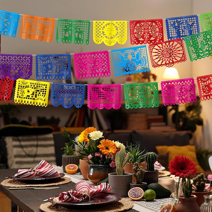 6 PCS Cinco De Mayo Banner, 110FT Colorful Fiesta Party Decorations, Plastic Hanging Papel Picado Mexican Banner for Dia De Los Muertos Decorations Day of Dead Altar Kit Fiesta Decor Party Favor