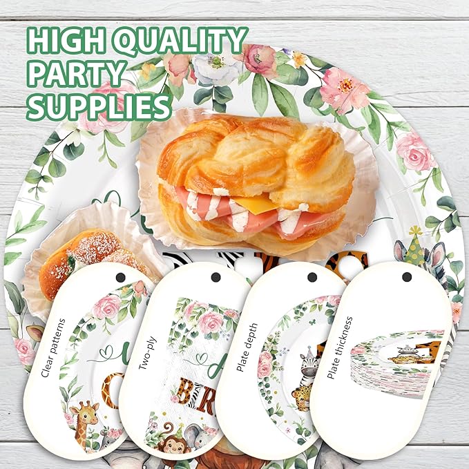 96Pcs Safari Wild Ones Birthday Party Decorations Twins Baby 1 Year Old Plates and Napkins Safari Jungle Animal Supplies for Boys Girls First Birthday Welcome Twins Party Supplies, Serves 24