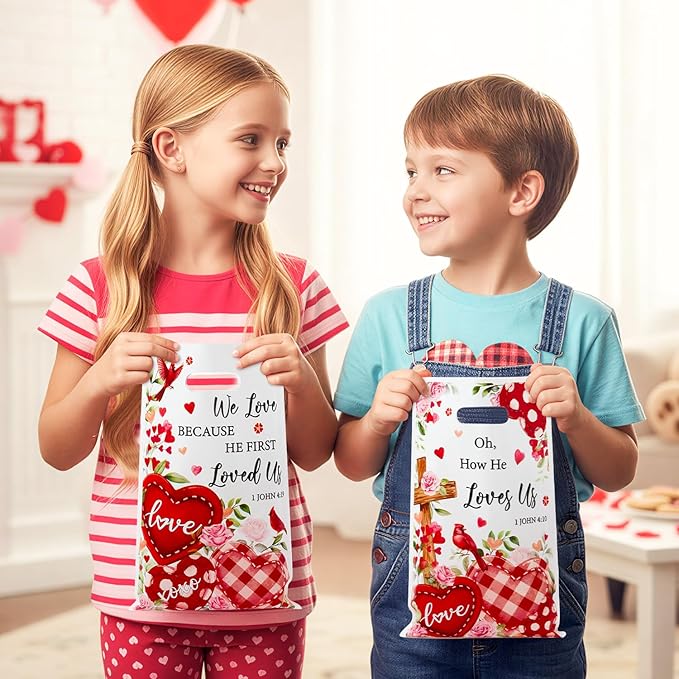 Religious Valentine’s Day Party Favor Bags - 50Pcs Valentines Religious Christian Cross John 4:19 Goody Candy Treat Bags, Bible Verse Themed Party Decorations for Church Sunday School