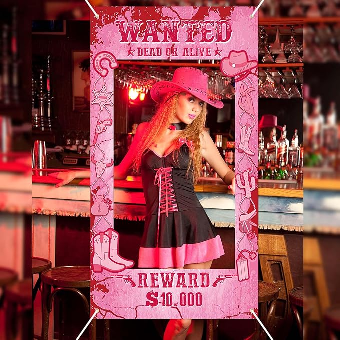 Cowgirl Party Decorations Pink Western Photo Booth Wanted Poster Photo Prop Photos Frame Banner for Wild West Birthday Decoration Supplies (Pink)