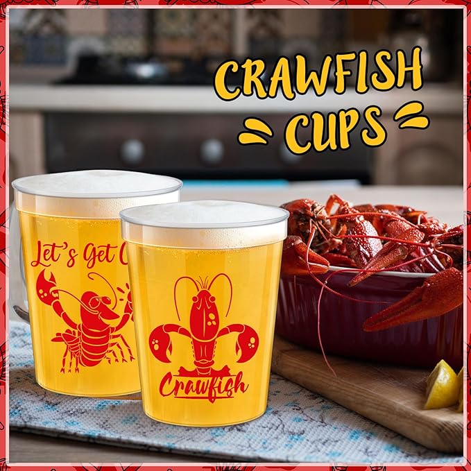 24 Pcs Plastic Crawfish Cups 16 oz Reusable Thick Crawfish Boil Party Supplies Clear Drinking Cups for Birthday Lobster Seafood Party Decorations Favors Gift