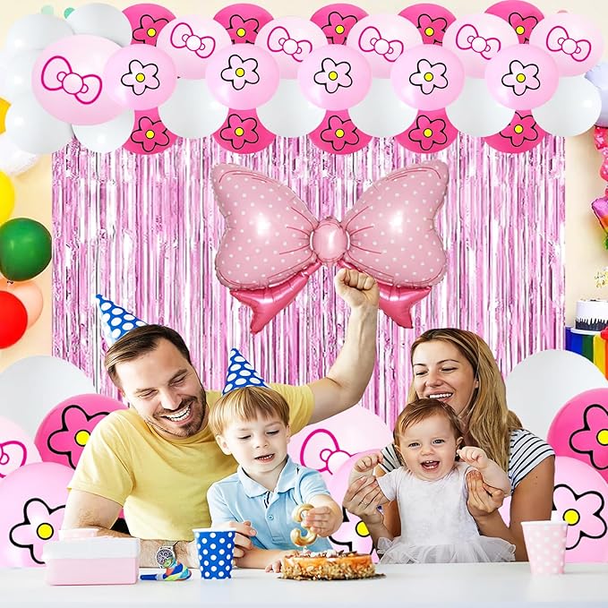 23Pcs Cartoon Cat Birthday Decorations, Pink 3.3x8.2ft Tinsel Foil Fringe Curtains Banners and Cute Bow tie Balloons for Cute Cat Theme Birthday Party Decorations Boys and Girls Party Supplies