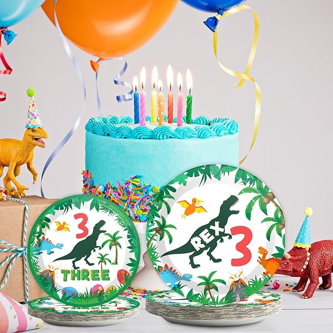96 Pieces Dinosaur 3rd Birthday Supplies for 3 Rex Birthday Tableware Set 3 T-Rex Dinner Disposable Plates 3 Year Old Party Plates Napkins Forks For Boys Kids Three Dino-Rex Party Favor 24 Guests