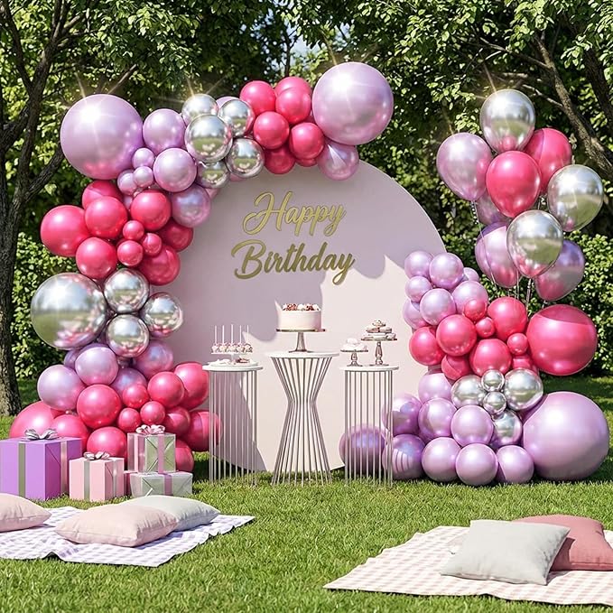 RUBFAC Metallic Pink Balloons 129pcs Different Sizes Pack of 18 12 10 5 Inch, Latex Chrome Metal Pink Balloon Garland Arch Kit for Wedding Princess Birthday Party Baby Shower Engagement Bachelorette