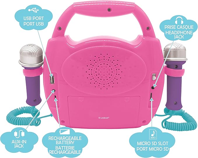 LEXiBOOK Unicorn - Portable Karaoke Digital Player for Kids – Microphones, Light Effects, Bluetooth, Record and Voice Changer Functions, Rechargeable Battery, Pink, MP320UNIZ