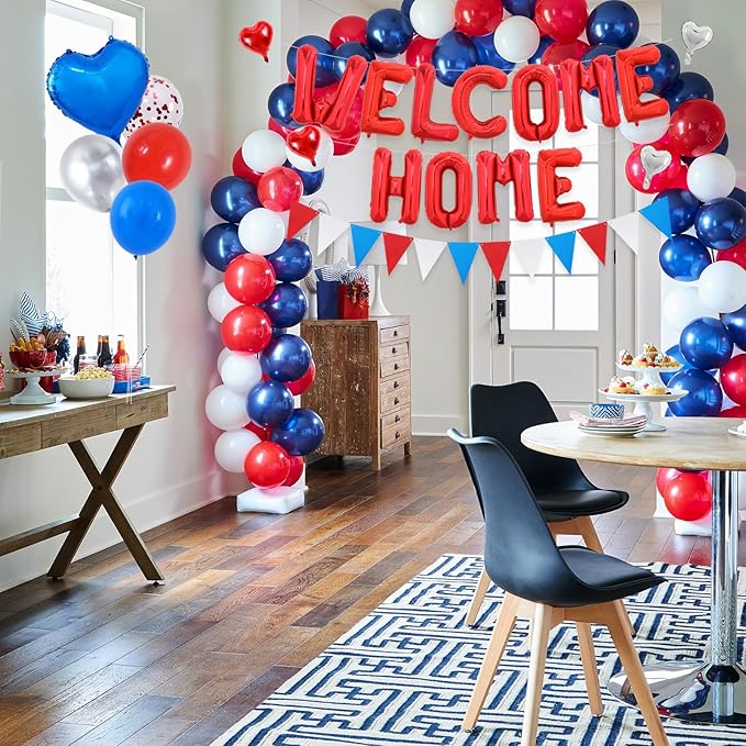 TONIFUL Welcome Home Decorations,16 Inch Red Welcome Home Foil Balloon Banner Red Blue White Confetti Balloons Pennant Flag Bunting for Homecoming Party House Warming Party Family Gathering Supplies