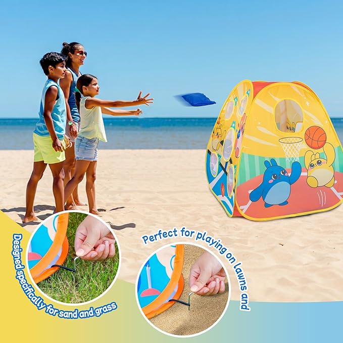 5-in-1 Kids Play Pop Up Tent with Bean Bag Toss Game Outdoor Toys, Tic Tac Toe, Dartboard,Soccer, Basketball, Carnival Outside Combo Set for Backyard Beach Lawn Party Fun, Birthday Gift for Boys Girls