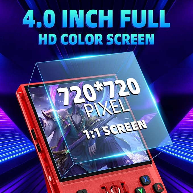 R36MAX Retro Gaming Console,4.0 Inch Handheld Game Console with 64GB Classic Video Games,30+ Simulators,4000mAh Rechargeable Battery,Hand Held Game Console-Transparent Red