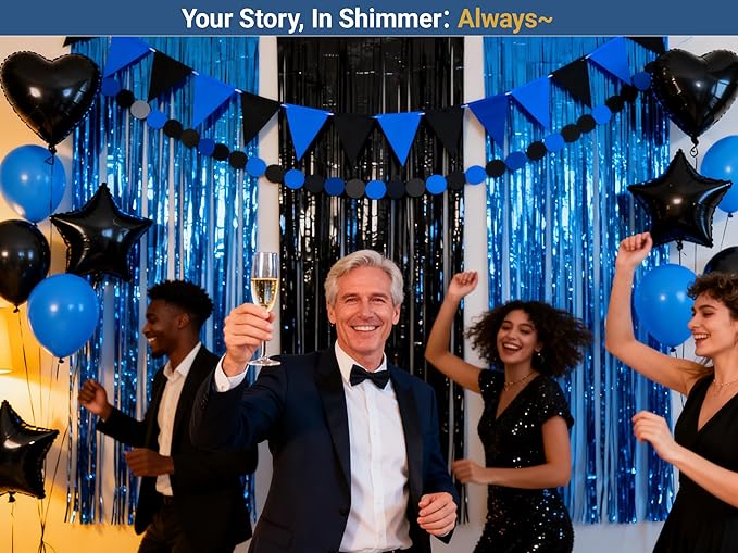 3packs Navy Blue Black Foil Fringe Curtains, Blue Birthday Party Decorations Backdrop for Women, Graduation Tinsel,Retirement Tinsels for Man Him,Wedding Streamers-Each 3.3 x 6.5ft