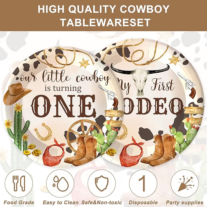 120PCS My First Rodeo Party Supplies Wild West Dinnerware Party Decorations for Boys Kids 1st Birthday Western Cowboy Themed Party Paper Plates Napkins Forks Serves 20 Guests