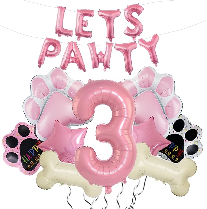 3rd Dog Balloons 18pcs Lets Pawty Balloons Dog Paw Birthday Decor Pink 32 inch Pink Number Balloons 3 Mylar Foil Balloons for Lets Pawty Birthday Decorations Dog 3rd Birthday Party Supplies