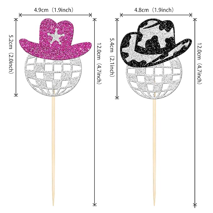 24 PCS Sparkling Disco Ball Cupcake Toppers Western Cowboy Hat Cupcake Picks Cowgirl 70s Disco Balls Cupcake Decorations for 1970s Music Disco Theme Birthday Party Cake Decorations Supplies