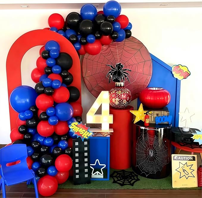Red Blue Black Balloons, 12 Inch Royal Blue Red Confetti Latex Balloon with Black Helium Balloon Kit for Boys Spider Cool Man Halooween Theme Birthday Decor Graduation Party Decoration Supplies