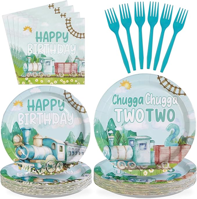 96 Pcs Chugga Chugga Two Two Birthday Decorations Disposable Blue Train 2nd Paper Plates and Napkins Transportation Choo Choo I'm 2 Tableware Set for Boy 2 Year Old Birthday Party Supplies Serves 24