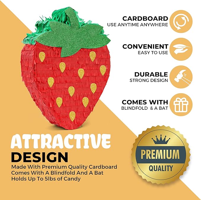 Strawberry Pinatas Bundle with a Blindfold and a Bat(16.5 x 12 x 3.5 Inches), Perfect for kid's Birthday Parties, Fruit Theme Parties, Decorations