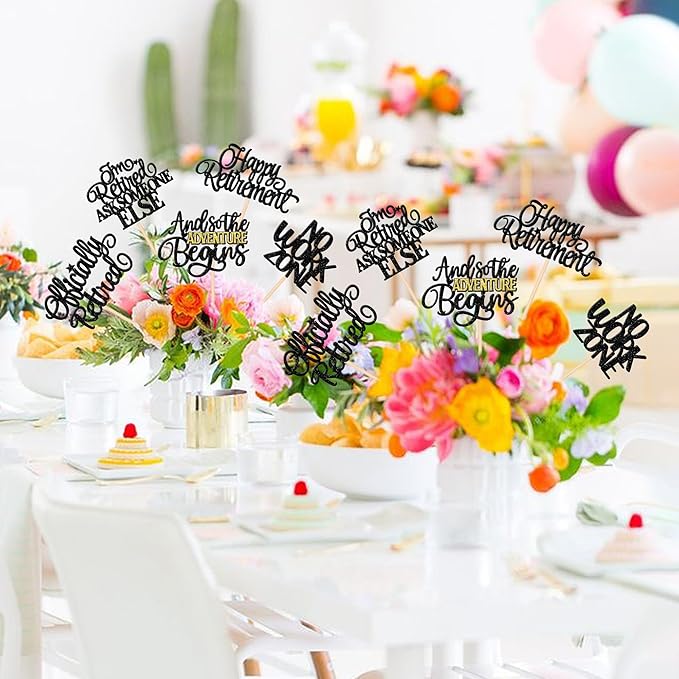 15 PCS Happy Retirement Centerpiece Sticks Officially Retired Table Flower Centerpieces Sticks No Work Zone Floral Decorations for Retirement Theme Farewell Birthday Party Centerpieces Supplies Black