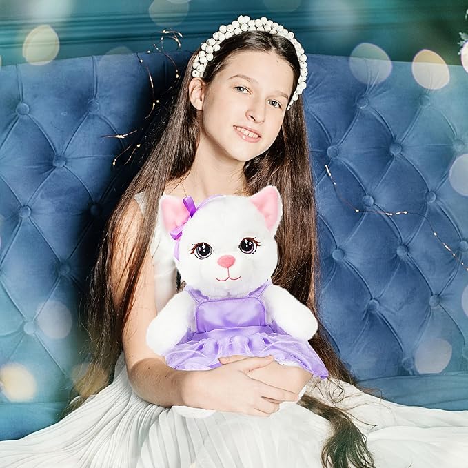 Cuteoy White Cat Stuffed Animal in Purple Dress Soft Plush Kitty Toy Cute Plushies for Girls Boys Birthday