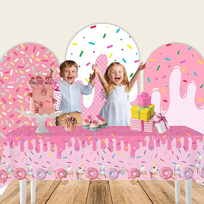 4Pcs Pink Donut Ice Cream Tablecloth Party Decorations for Baby Girl Sweet One Dessert Time Party Supplies, Ideal for Girl Birthday Parties, Baby Showers, Birthday Donut Themed Decorations