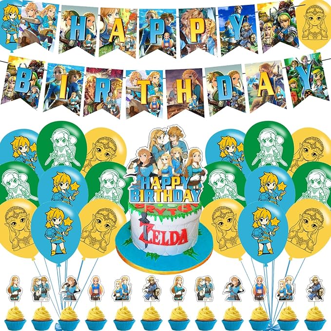ELZEM 𝓩𝓮𝓵𝓭𝓪 Party Decorations,Legend Game Birthday Party Supplies Includes Banner- Cake Topper - 12 Cupcake Toppers - 18 Balloons, Blue