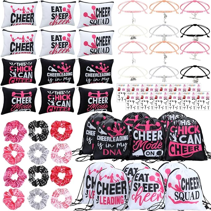 Abbylike 60 Pcs Cheerleading Party Favors Cheer Party Supplies Include 12 Pink Makeup Bag 12 Bracelet 12 Drawstring Backpack 12 Hair Ties 12 Pink Horse Temporary Tattoo for Western Birthday Decoration
