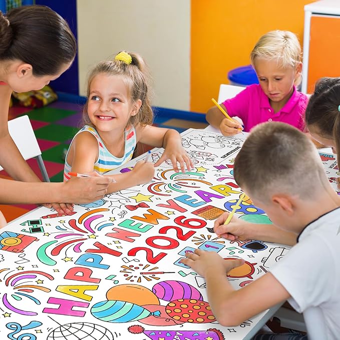 Gatherfun Giant Coloring Poster for Classroom Wall - Versatile 31.5 x 72 Inches Happy New Year Activity Poster/Table Cover, School Parties, Happy New Year Party and Special Events Decoration
