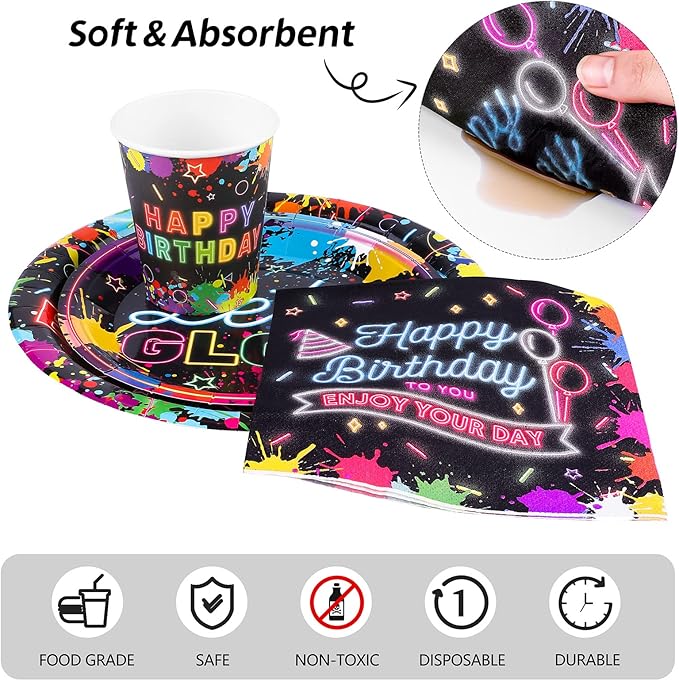 Durony 100 Piece Neon Glow Party Supplies - Glow In Dark Tableware Set Includes Paper Plates, Cups, Napkins - Neon Birthday Party Decorations - Serves 25 Guests