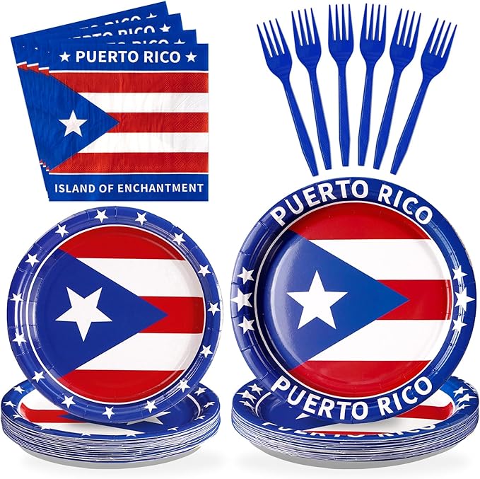 96Pcs Puerto Rico Flag Party Supplies Puerto Rico Flag Plates Disposable Red White Blue Paper Tableware Set for Rican Fiesta Birthday Party National Day Cultural Celebrations, Serves 24