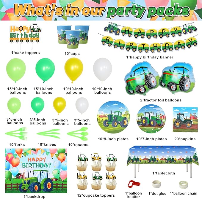 Farm Green Tractor Birthday Party Supplies, Tractor Birthday Decorations with Tractors Balloons, Backdrop, Tablecloth, Banner, Cake Toppers, John Deere Party Supplies Plates Napkins