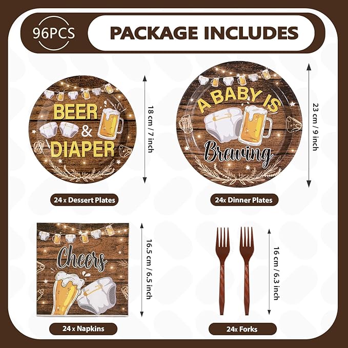 96Pcs Beer and Diaper Party Decorations A Baby is Brewing Baby Shower Plates and Napkins Tableware Set Beer And Bottle Diaper Decorations for Cheers Beers Brew Birthday Party Supplies Serves 24