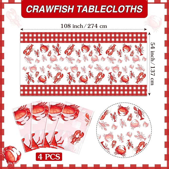 4 Pcs Crawfish Tablecloth Disposable Birthday Party Lobster Table Covers 108 x 54 Inches White and Red Plastic Lobster Table Cloth for Crawfish Boil Party Supplies