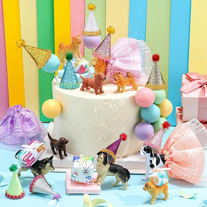 Weysat 41 Pcs Puppy Dog Cake Topper Figures Birthday Party Decorations with Mini Hat and Skirt, Colorful Balls, Jungle Toppers Decoration with Gift Boxes for Puppy Animals Themed Party (Pet)