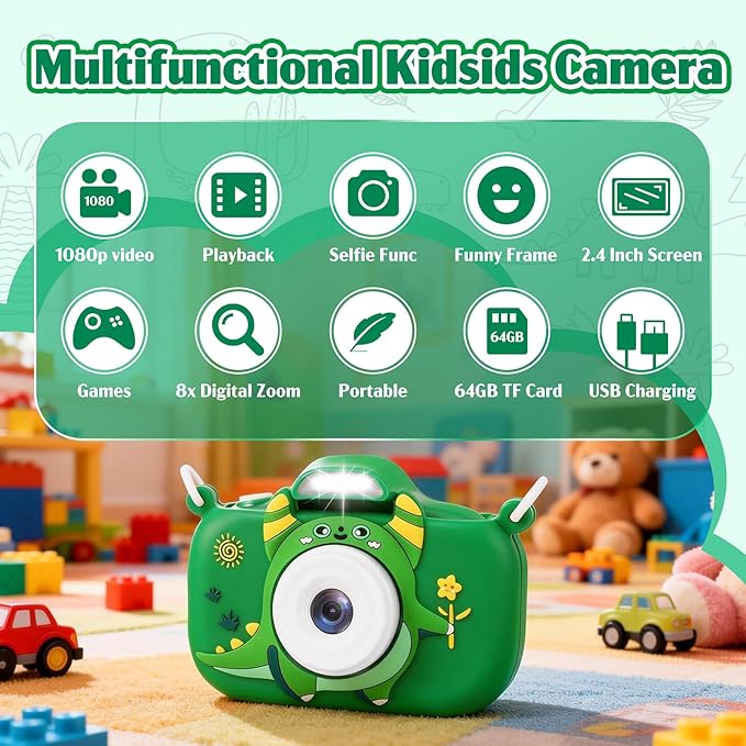 Kids Camera Toys for 3-9 Year Old Girls Boys. 2.4-inch Screen Children's Digital Camera with Fill Light,Christmas/Birthday Gift for Children.Comes with a 64G TF Card, Silicone Protective case/Lanyard