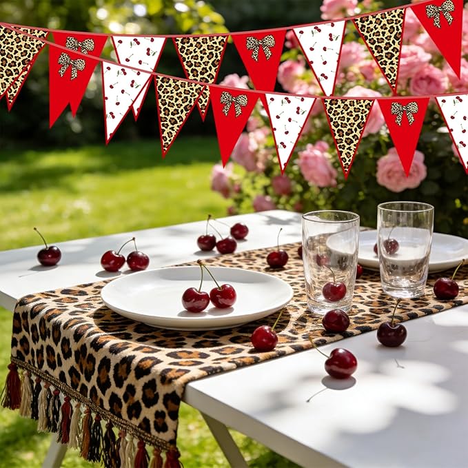 49.2 FT Leopard Party Decorations Leopard Triangle Banner Cheetah Cherry Print Theme Pennant Banner Flags Decor for Birthday Baby Shower Family Farm Glamping Camp Party Supplies 60pcs