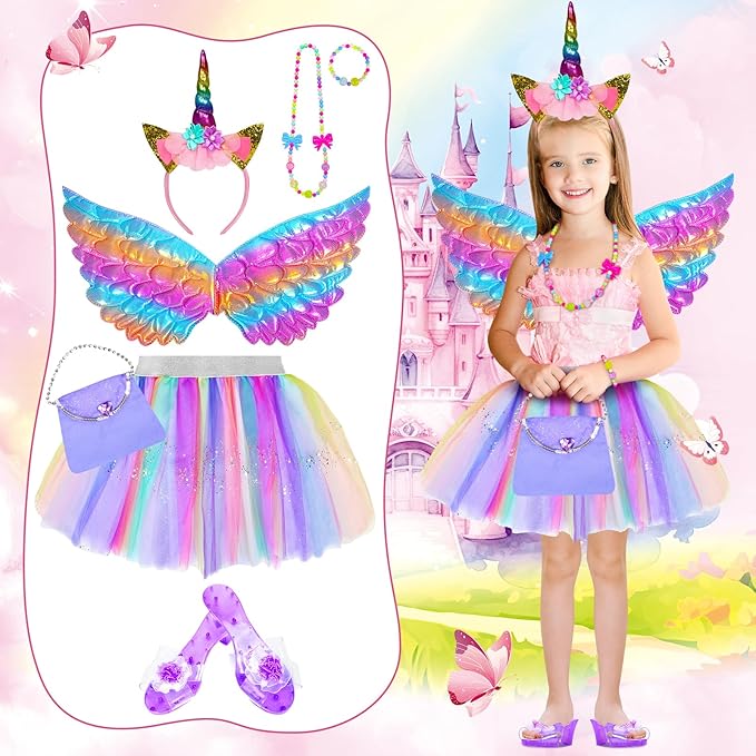 Princess Dress Up for Girls 4-6 With Tutu Shoes Jewelry Unicorn Headband Butterfly Wing Toddler Dress Up Clothes Pretend Play Fairy Costumes Set for Girls Christmas Birthday Gift 3 4 5 6 7 Girl Toys