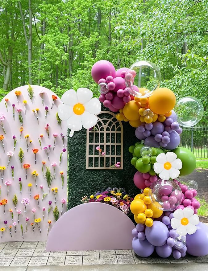 Daisy Balloon Arch Garland Kit, 152 Pcs Pastel WildFlower Balloons Arch Kit in Pink, Green, Purple, Blue, Yellow and Beige for Baby Shower, Spring Daisy Theme Birthday Decorations