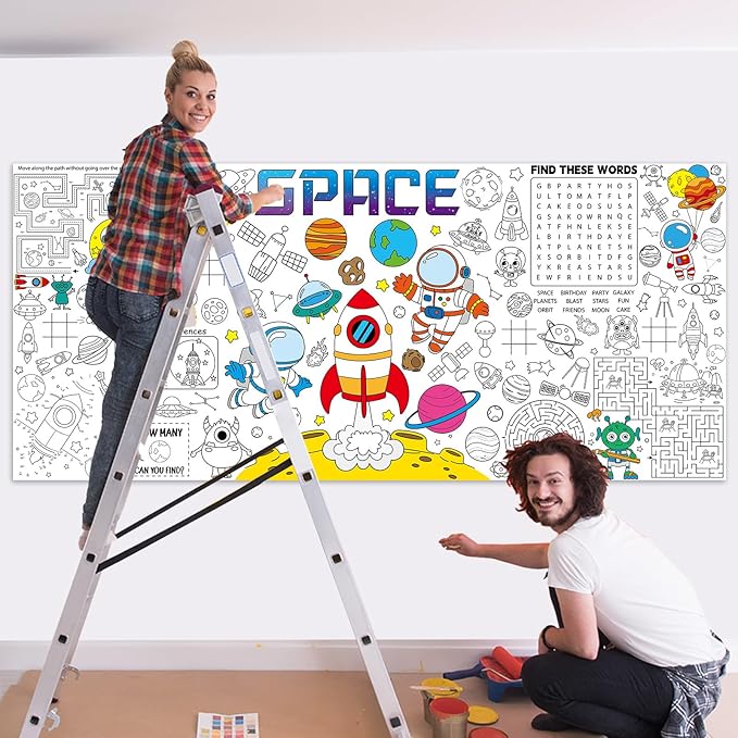Naozinebi Outer Space Giant Coloring Poster Large Coloring Tablecloth Big Paper Sheet Page Solar System Table Cloth DIY Activity Game Art Crafts Mat Wall Home Party Decoration Supplies