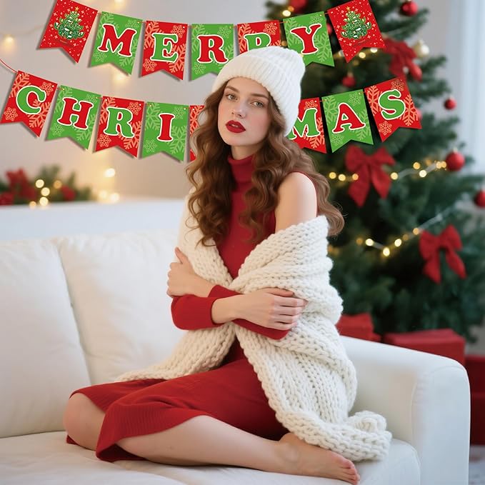 OHOME Christmas Party Decorations - Merry Christmas Banner | CHRISTMAS Decorations for Indoor Outdoor - Xmas Backdrop Garland for Outside | Hanging Party Favors Supplies for Birthday