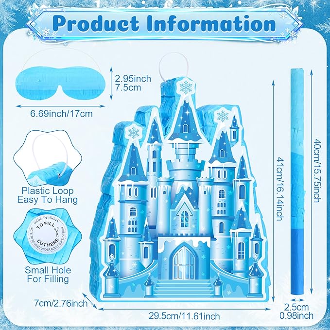 Princess Castle Piñata Blue Princess Birthday Party Supplies Blue Castle Piñata Set with Stick and Blindfold for Girls Kids Magical Wonderland Birthday Party Game Decorations Supplies