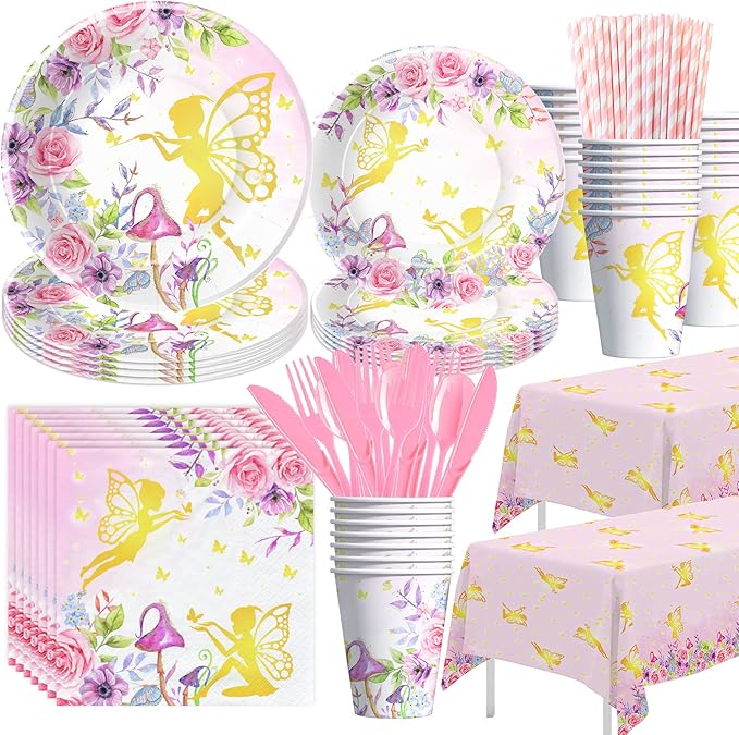 APOWBLS Fairy Birthday Party Supplies - Floral Gold Fairy Party Decorations for Birthday Baby Shower Spring Tea, Paper Plate, Cup, Napkin, Tablecloth, Cutlery | Serves 24