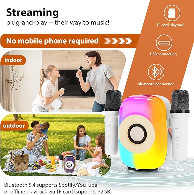 Kids Karaoke Machine, Bluetooth Mini Portable Karaoke Machine, with 2 Wireless Microphone and Speaker, Toys for All Smartphones, Birthday, Family, Home Party (White)