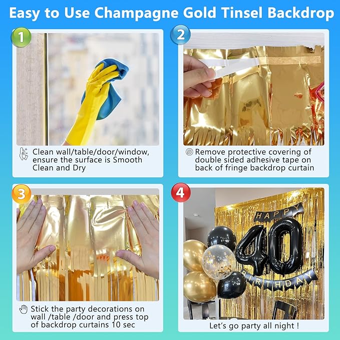 Gold Foil Fringe Backdrop Curtains 2 Pack 3.3x8.2 Ft Tinsel Streamer Fringe Backdrop Door Streamers for New Years Eve Decoration Graduation Birthday Baby Shower Gender Reveal Disco Party