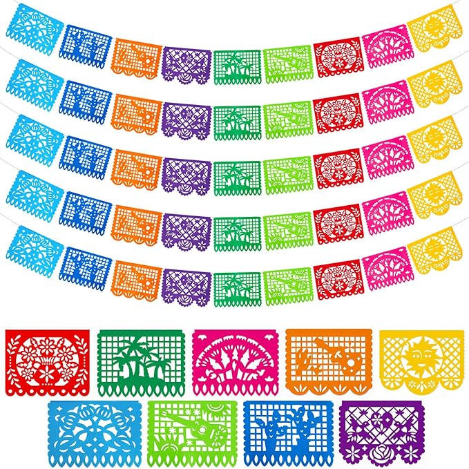 DomeStar 5PCS Mexican Party Banners, 18 Feet Plastic Fiesta Banner Cinco de Mayo Dia De Los Muertos Decor Day of the Dead Papel Picado for Mexican Party Supplies