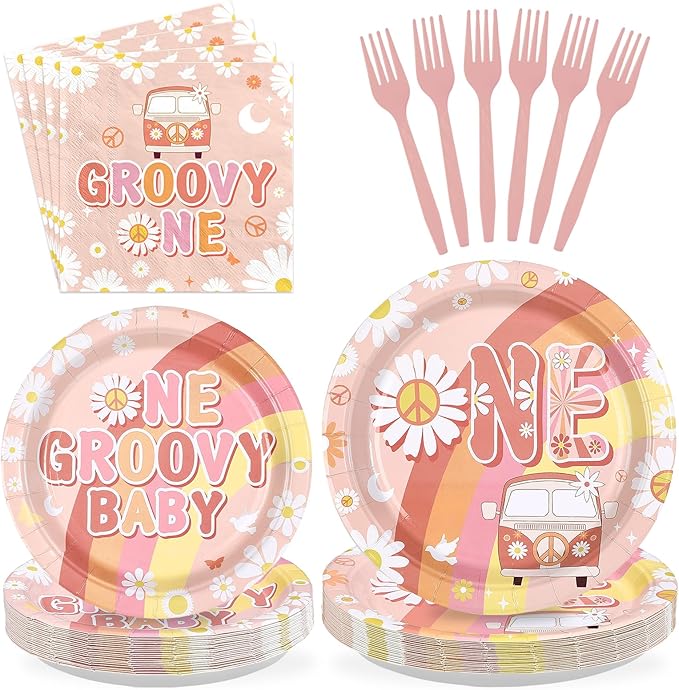 96Pcs Groovy One Birthday Party Decorations Boho Groovy 1st Birthday Plates and Napkins Tableware Set Daisy Flower Rainbow Boho Decorations for 1 Year Old Baby Shower Gender Reveal Supplies Serves 24