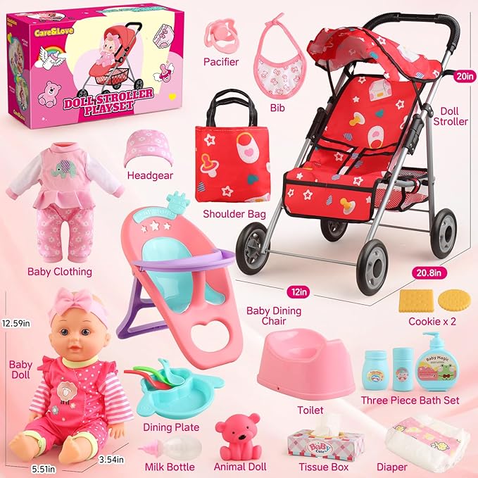 Baby Doll Stroller Set - A 12.5" Baby Doll with Doll Accessories & 2 Sets Clothes, Baby Doll Stroller for Toddlers 3-5, Doll Playset Toy Stroller for Kids, Gifts for Girls 3 4 5 Year Old Girls Toys